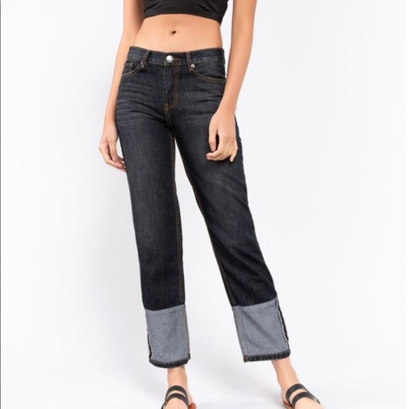 POL Black Denim Straight Leg Jeans Faux Cuff - Picture 3 of 8